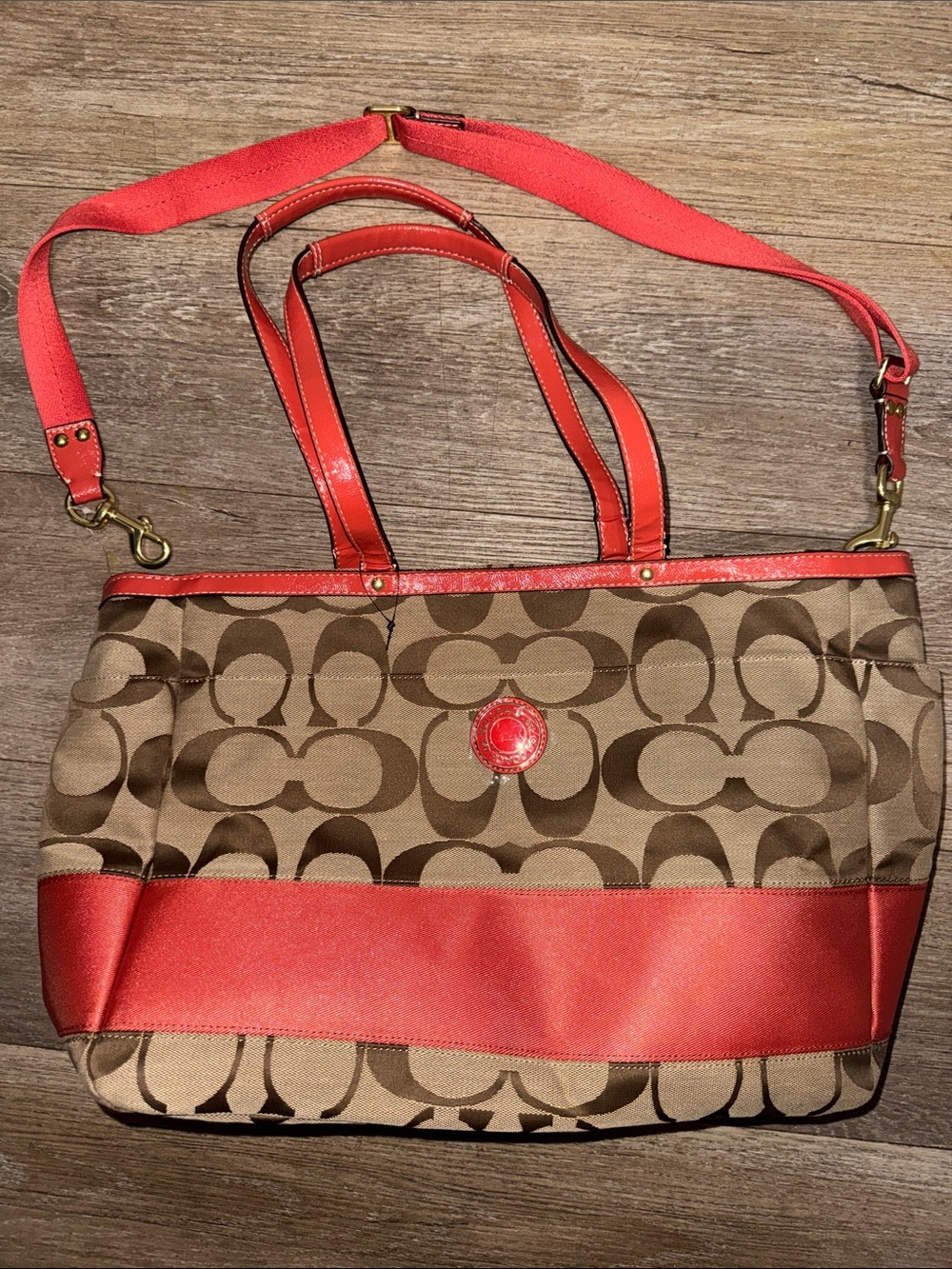 Coach Brown Signature Tote Diaper Bag with Coral Red Trim